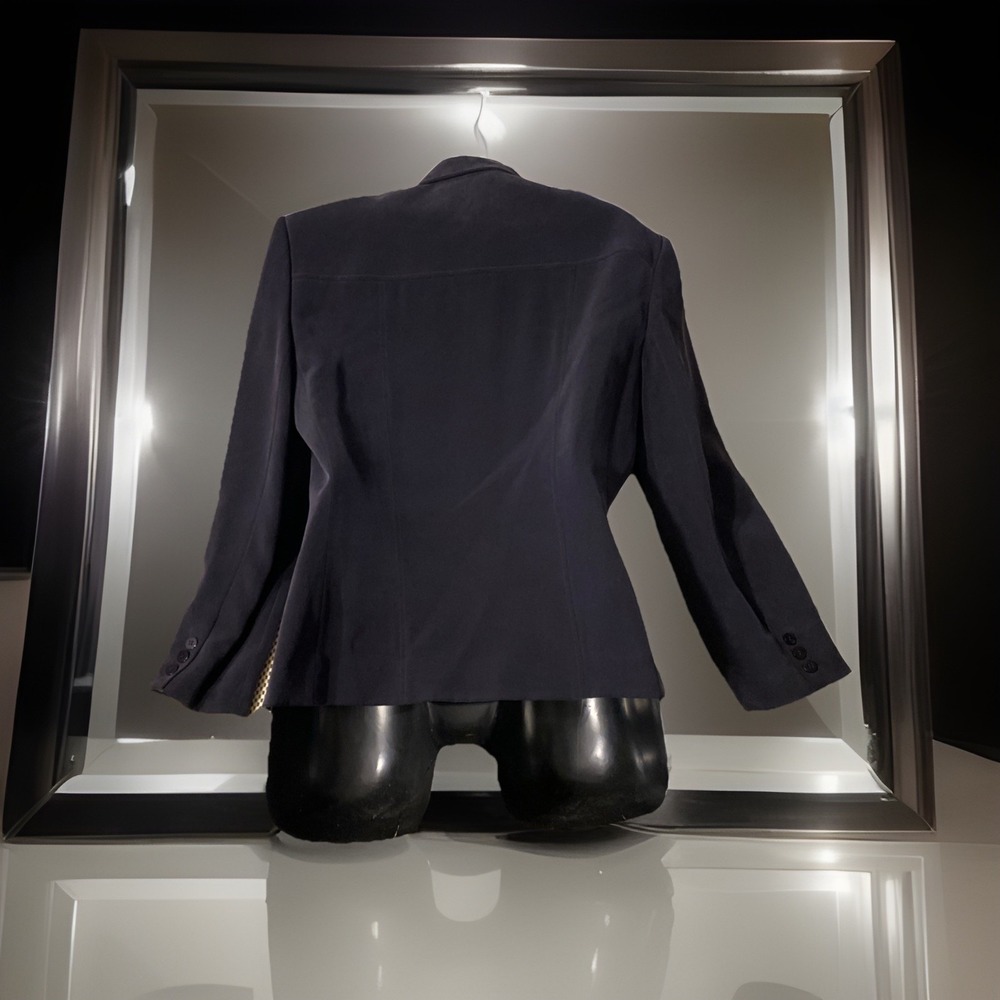 CHAUS VINTAGE NAVY BLACK SILK BUTTON DOWN BLAZER SZ 10 - Picture 2 of 7